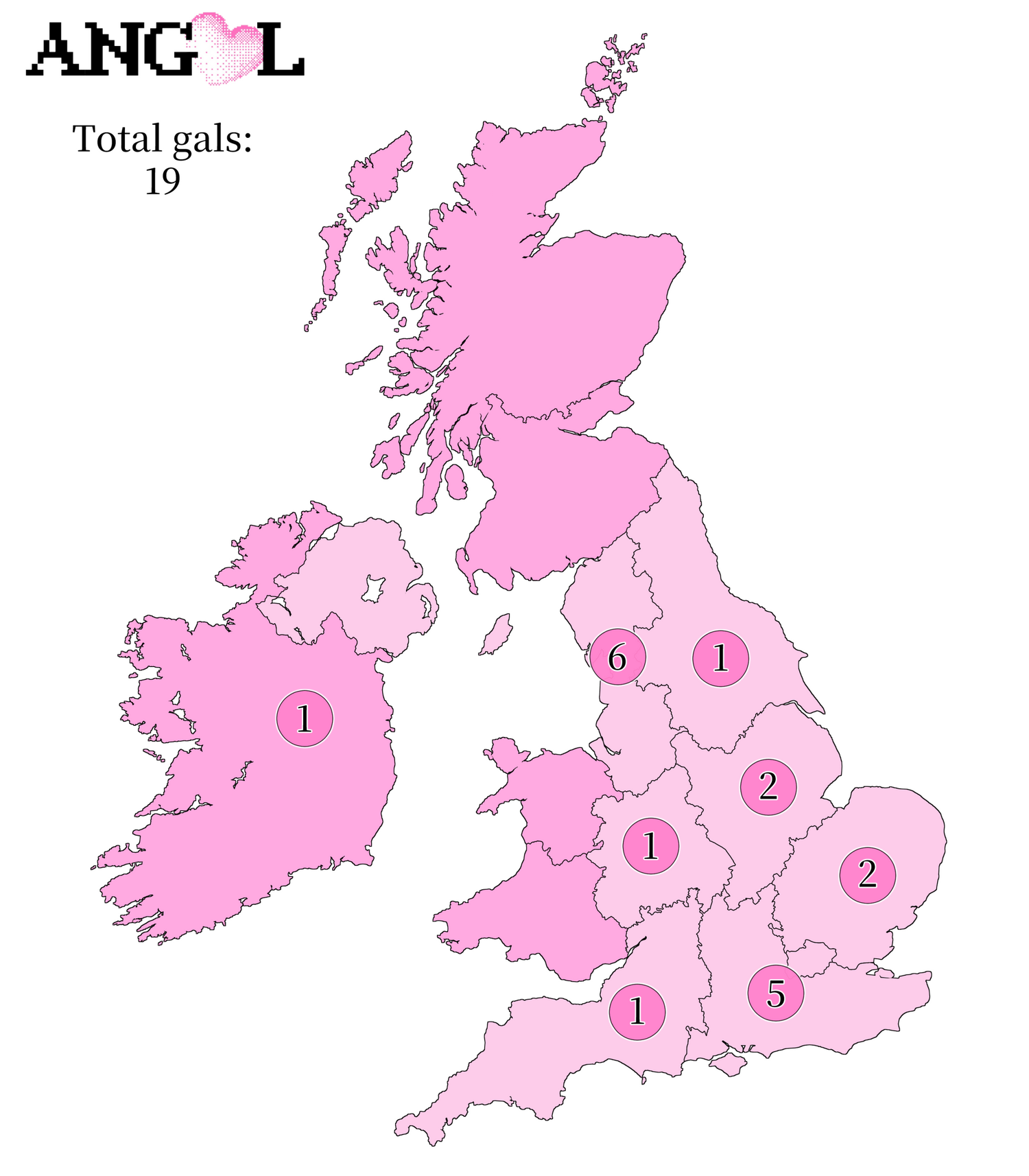 A map of all Angel Gyarusa gals in Britian and Ireland